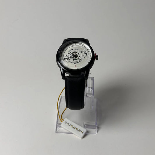 Baisheng Skeleton Dial Watch – Silver Case, Black Leather Strap