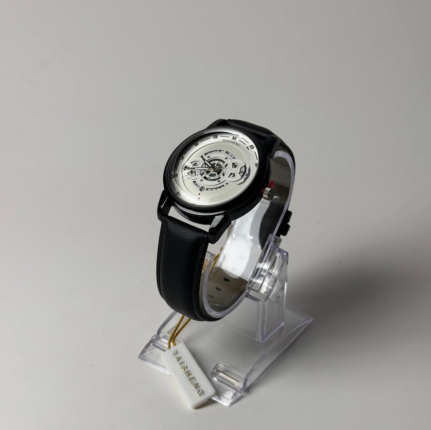 Baisheng Skeleton Dial Watch – Silver Case, Black Leather Strap