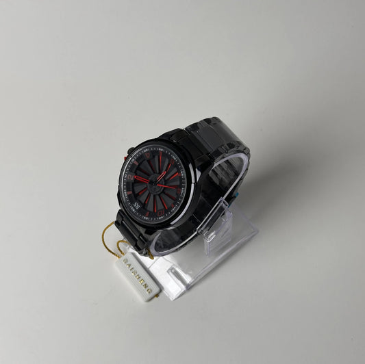 Baisheng Turbine Dial Watch – Black & Red, Metal Bracelet