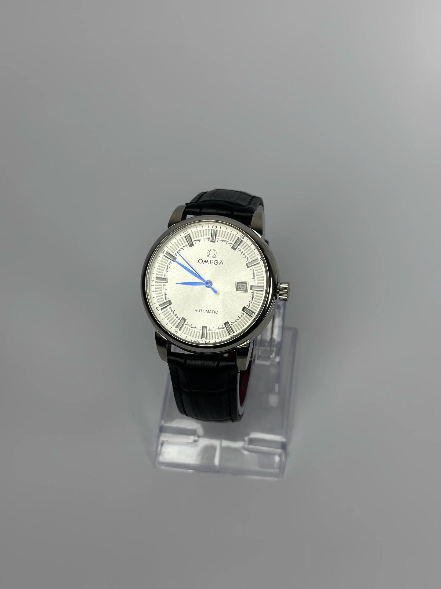 Omega Automatic Men’s Watch – Silver Dial with Black Leather Strap