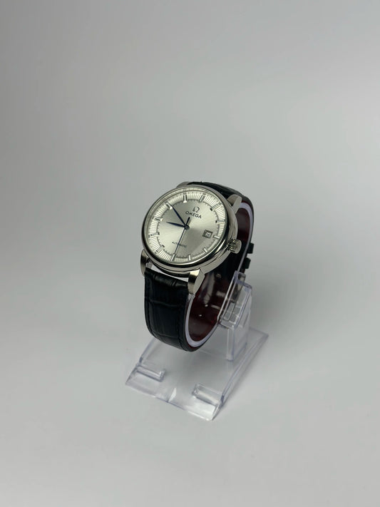 Omega Automatic Men’s Watch – Silver Dial with Black Leather Strap