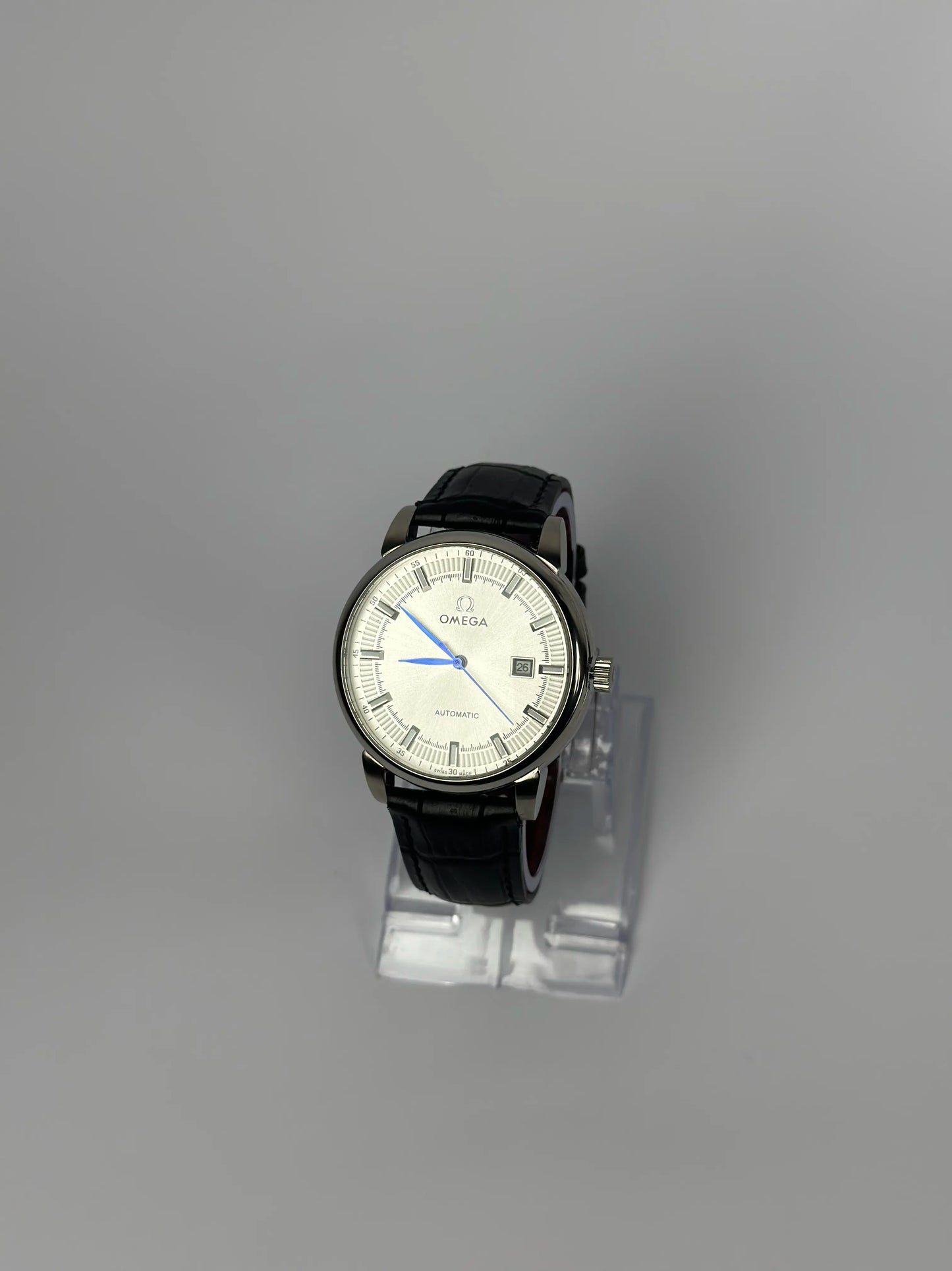 Omega Automatic Men’s Watch – Silver Dial with Black Leather Strap