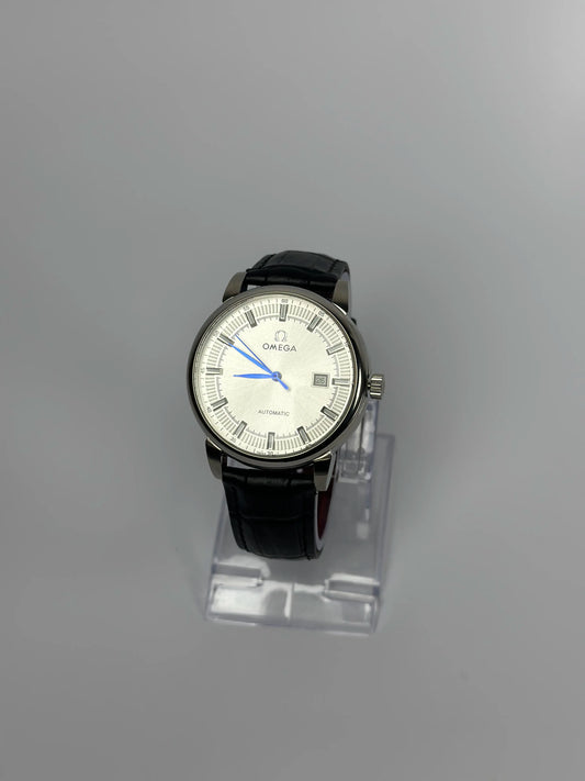 Omega Automatic Men’s Watch – Silver Dial with Black Leather Strap
